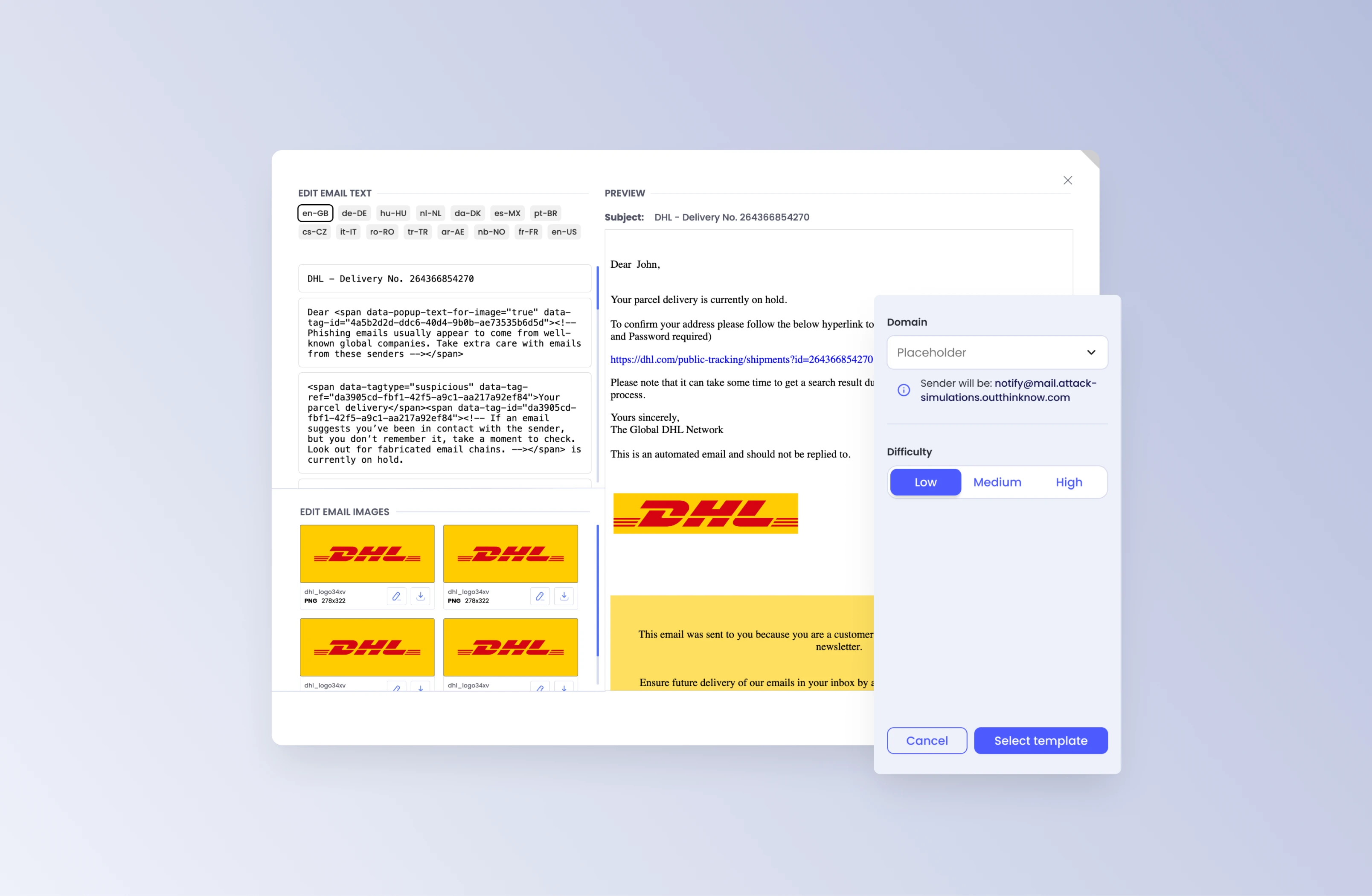 OutThink’s AI-powered phishing simulation interface showing editable DHL email template, images, and difficulty settings.